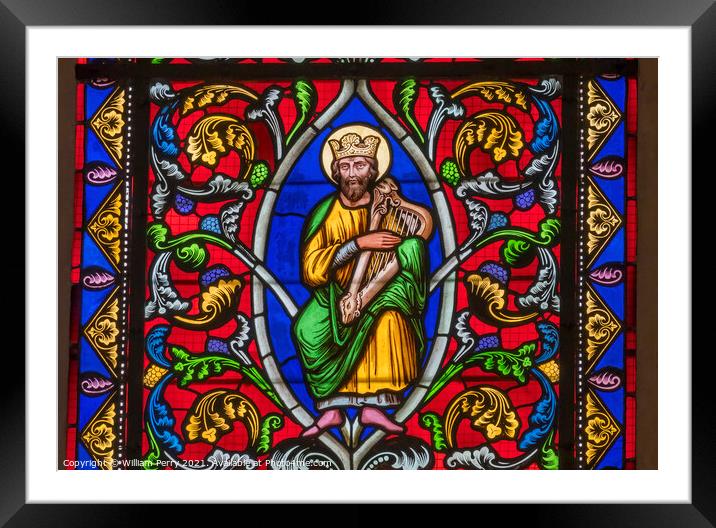 Colorful King David Stained Glass Cathedral Church Bayeux Norman Framed Mounted Print by William Perry