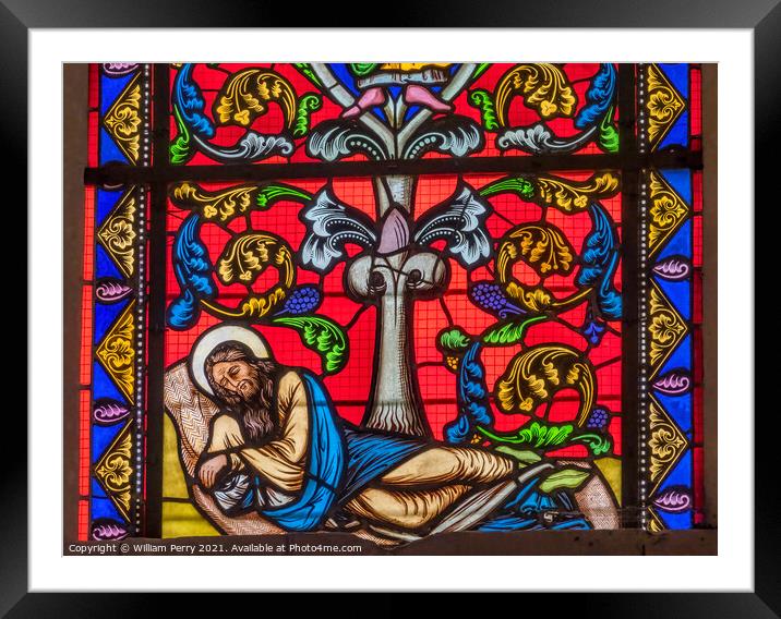 Colorful Sleeping Saint Joseph Stained Glass Cathedral Bayeux No Framed Mounted Print by William Perry