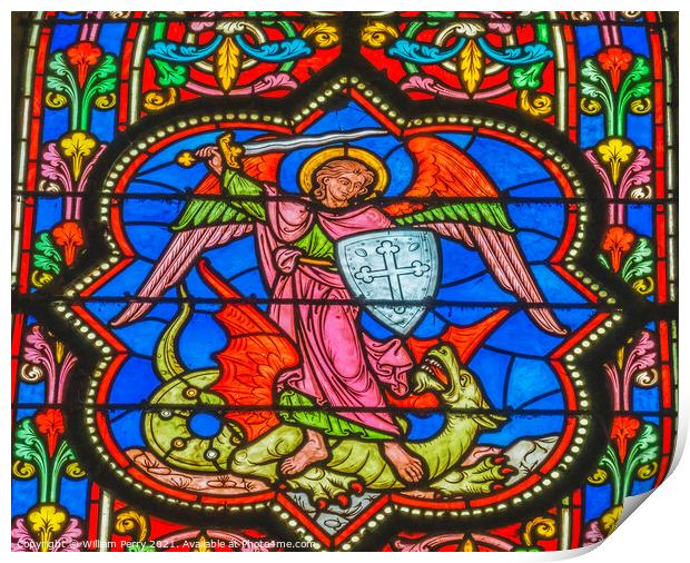 Colorful Archangel Michael Dragon Stained Glass Cathedral Bayeux Print by William Perry
