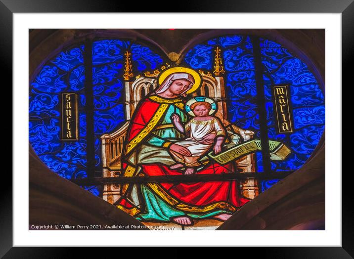 Colorful Virgin Mary Jesus Stained Glass Cathedral Bayeux Norman Framed Mounted Print by William Perry