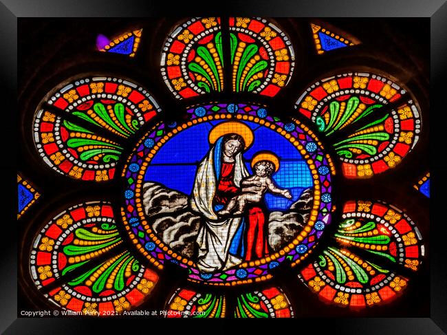 Colorful Virgin Mary Jesus Stained Glass Cathedral Bayeux Norman Framed Print by William Perry