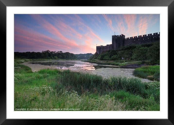 Pembroke Castle and millpond at sunrise Framed Mounted Print by Andrew Ray
