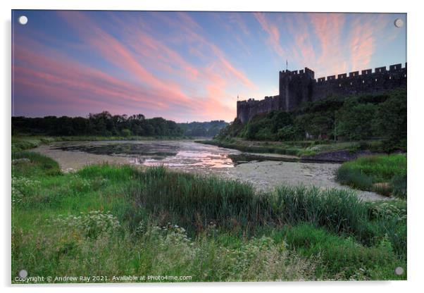 Pembroke Castle and millpond at sunrise Acrylic by Andrew Ray