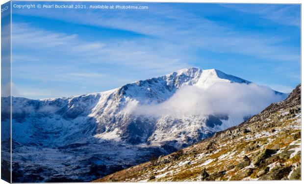 Snow-capped Y Garn Mountain Snowdonia Wales Canvas Print by Pearl Bucknall