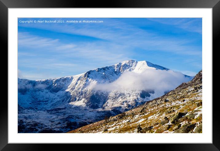 Snow-capped Y Garn Mountain Snowdonia Wales Framed Mounted Print by Pearl Bucknall