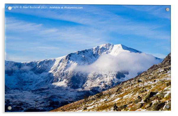 Snow-capped Y Garn Mountain Snowdonia Wales Acrylic by Pearl Bucknall