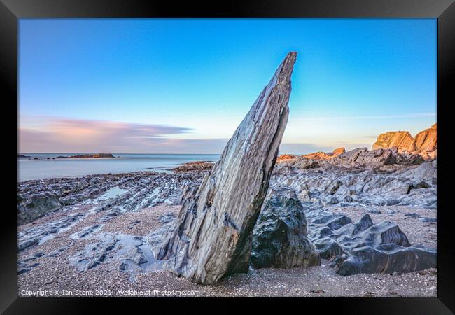 Ayrmer Cove Slanting Rock  Framed Print by Ian Stone