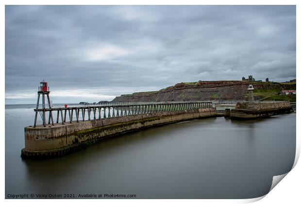 Whitby Pier with the lighthouse & Whitby Abbey in the distance.  Print by Vicky Outen