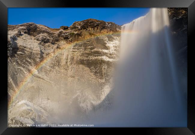 Skógafoss Waterfall Rainbow, Iceland Framed Print by Tamara Al Bahri