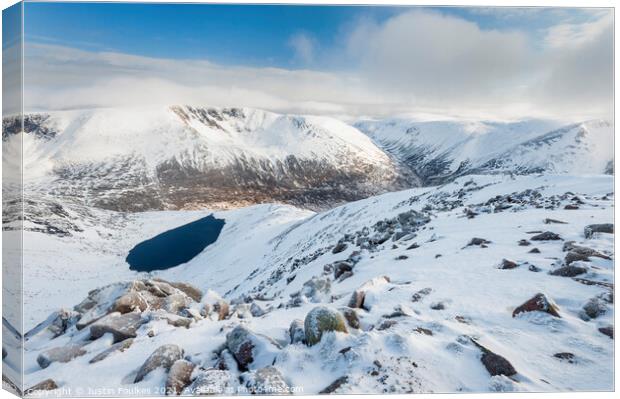 Braeriach and the Lairig Ghru from Cairn Toul, Cai Canvas Print by Justin Foulkes