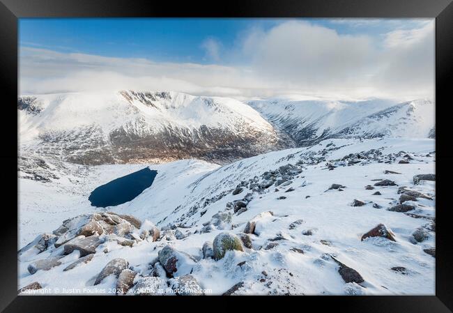 Braeriach and the Lairig Ghru from Cairn Toul, Cai Framed Print by Justin Foulkes