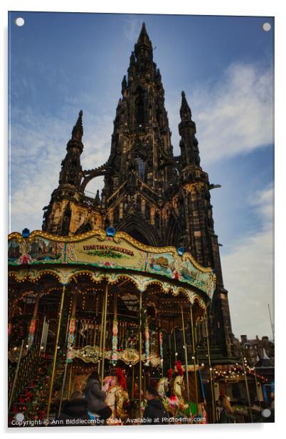 Scott monument with Carousel in Edinburgh  Acrylic by Ann Biddlecombe