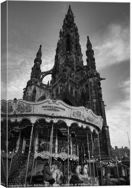 Scott monument with Carousel in Edinburgh in Monochrome Canvas Print by Ann Biddlecombe