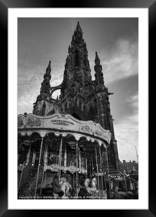 Scott monument with Carousel in Edinburgh in Monochrome Framed Mounted Print by Ann Biddlecombe