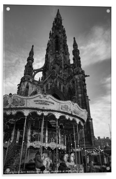 Scott monument with Carousel in Edinburgh in Monochrome Acrylic by Ann Biddlecombe