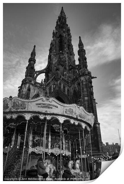 Scott monument with Carousel in Edinburgh in Monochrome Print by Ann Biddlecombe