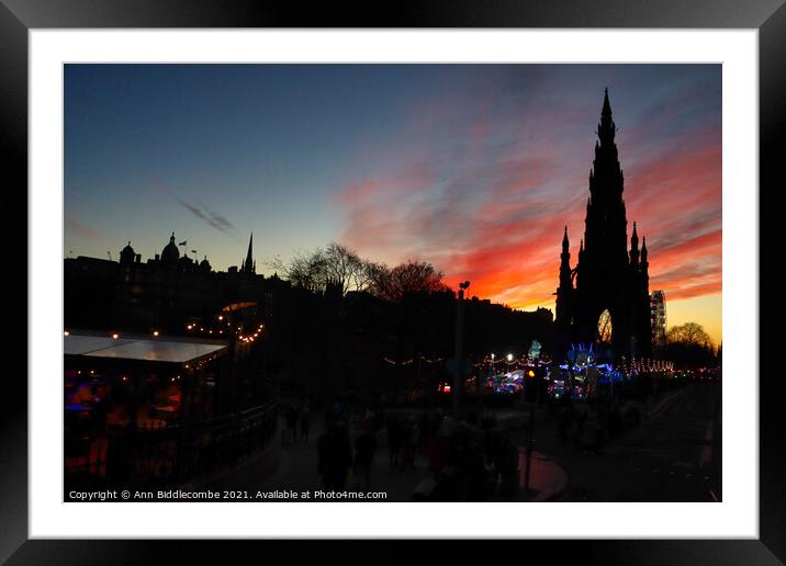 Sunset over Scott monument in Edinburgh  Framed Mounted Print by Ann Biddlecombe