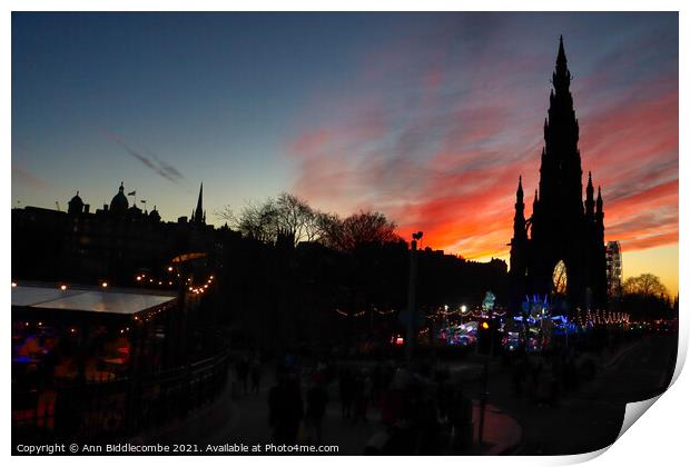 Sunset over Scott monument in Edinburgh  Print by Ann Biddlecombe