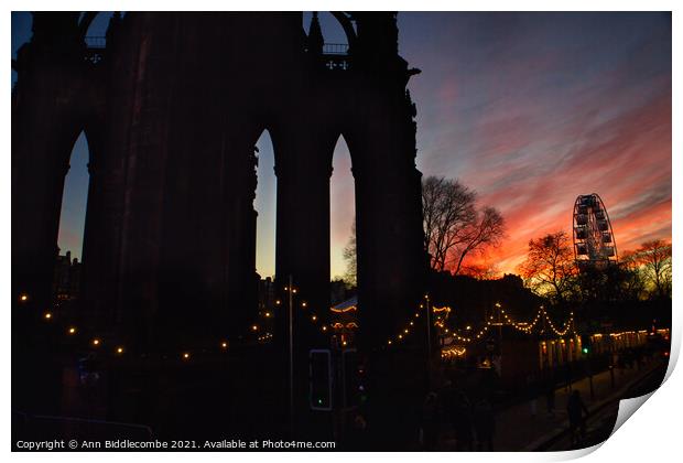 Sunset over Scott monument and big wheel in Edinburgh  Print by Ann Biddlecombe