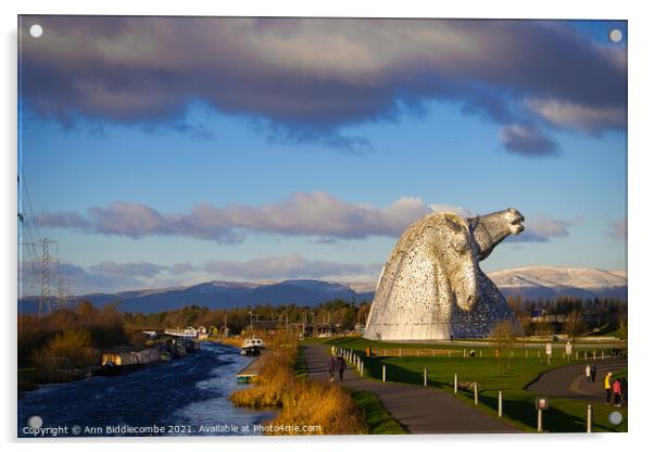 View of the hills behind the Kelpies in Falkirk Acrylic by Ann Biddlecombe