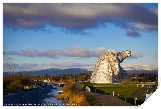 View of the hills behind the Kelpies in Falkirk Print by Ann Biddlecombe