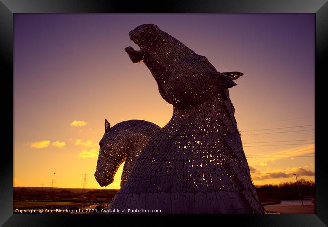 Kelpies as the sun sets Framed Print by Ann Biddlecombe