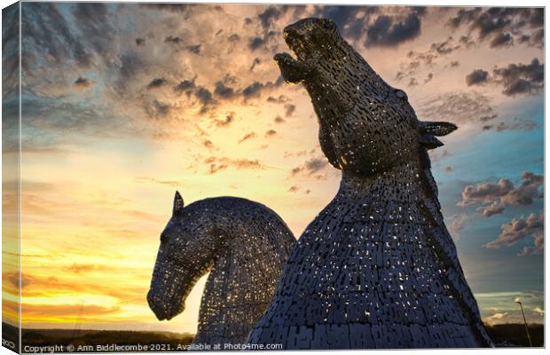 The Kelpies in Helix Park at Falkirk Canvas Print by Ann Biddlecombe
