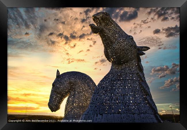 The Kelpies in Helix Park at Falkirk Framed Print by Ann Biddlecombe