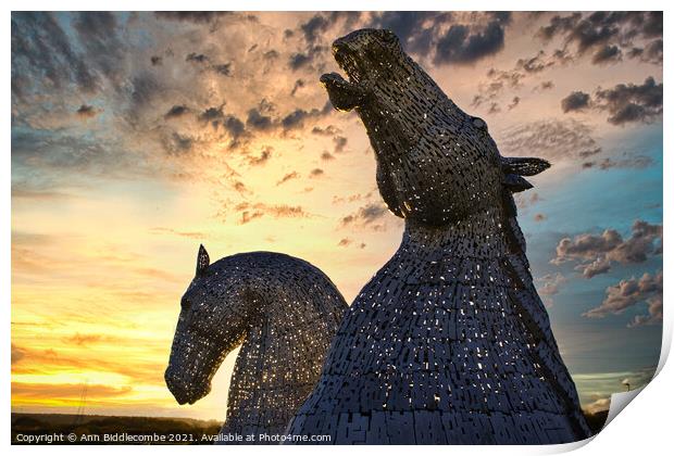 The Kelpies in Helix Park at Falkirk Print by Ann Biddlecombe