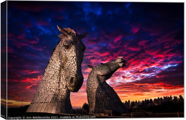 Kelpies in Helix Park Canvas Print by Ann Biddlecombe