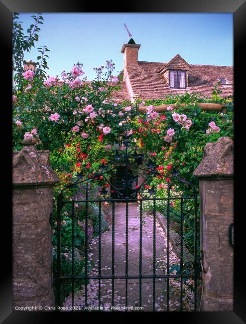UK, Cotswolds, Bisley, pretty cottage and garden gate Framed Print by Chris Rose