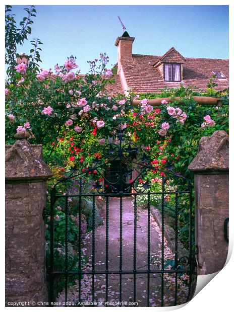 UK, Cotswolds, Bisley, pretty cottage and garden gate Print by Chris Rose