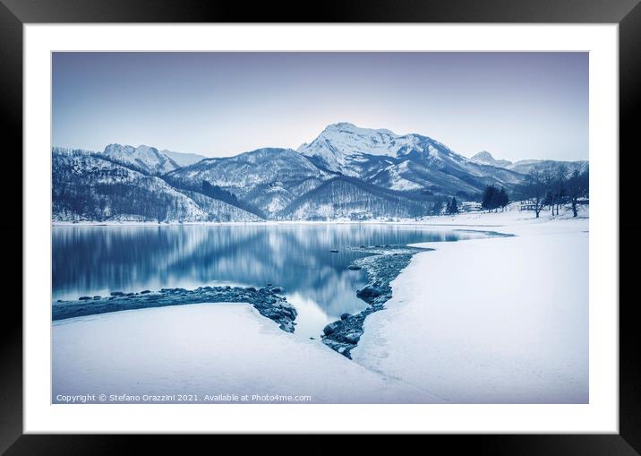 Lake Gramolazzo and snow in Apuan mountains. Garfagnana, Tuscany Framed Mounted Print by Stefano Orazzini