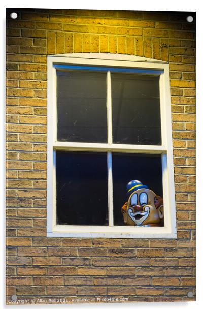 Clowns head at window Acrylic by Allan Bell