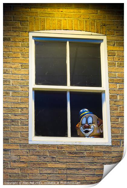 Clowns head at window Print by Allan Bell