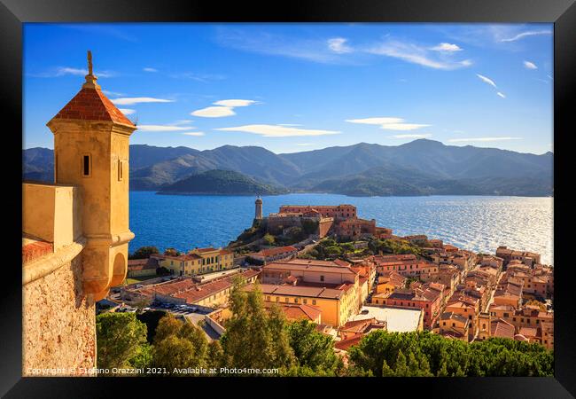 Elba island, Portoferraio view. Lighthouse and medieval fort. Italy Framed Print by Stefano Orazzini