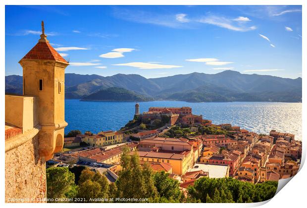 Elba island, Portoferraio view. Lighthouse and medieval fort. Italy Print by Stefano Orazzini