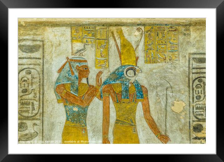 Ancient Mural of the Egyptian goddess Maat and the god Horus  Framed Mounted Print by Stig Alenäs