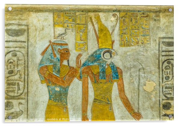 Ancient Mural of the Egyptian goddess Maat and the god Horus  Acrylic by Stig Alenäs