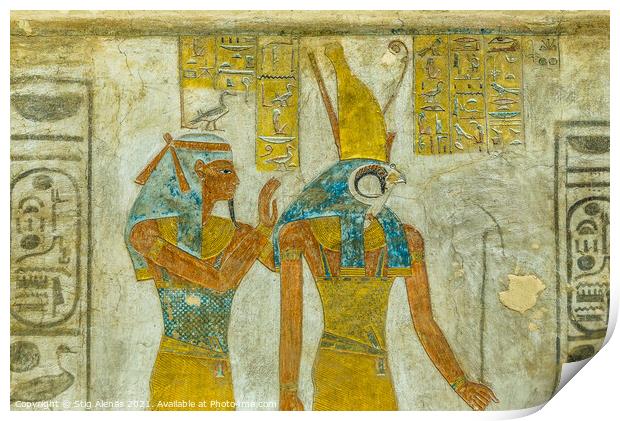 Ancient Mural of the Egyptian goddess Maat and the god Horus  Print by Stig Alenäs
