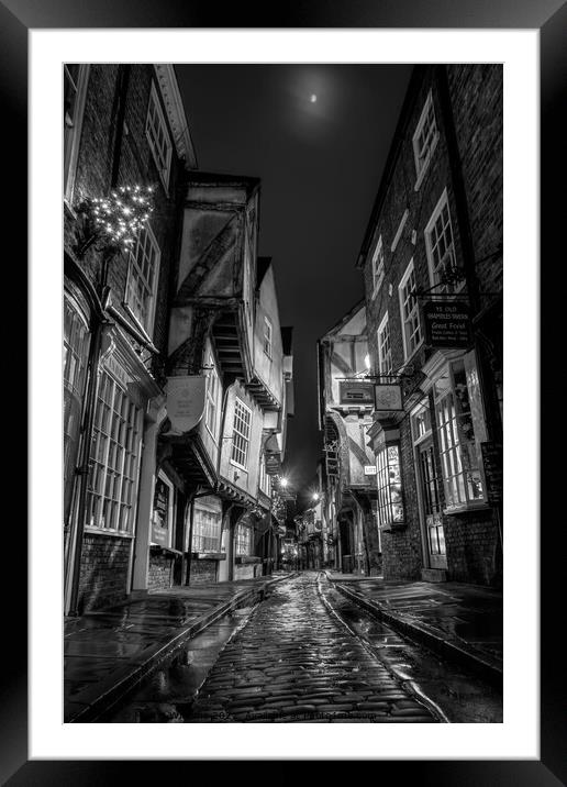 Moon Over the Shambles, York - monochrome Framed Mounted Print by Martin Williams