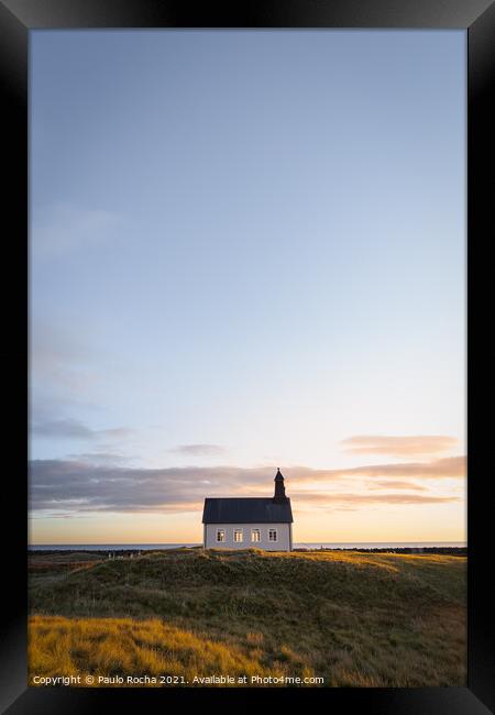 Strandkirkja (Strandar kirkja) in Iceland at sunset Framed Print by Paulo Rocha