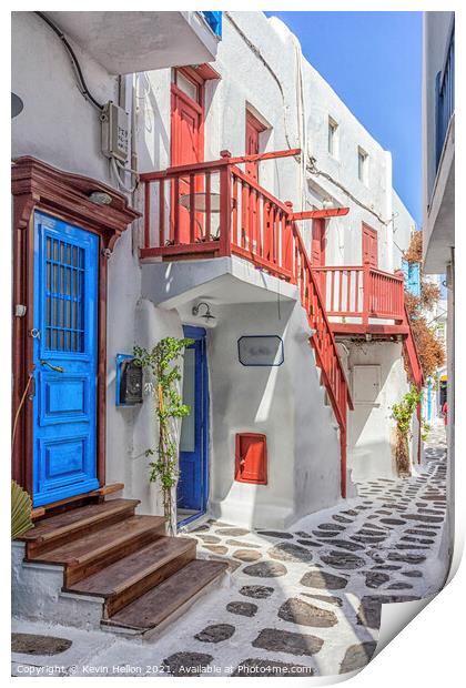 Typical street on the island of Mykonos, Greece Print by Kevin Hellon