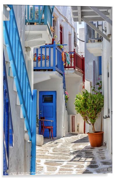 Typical street on the island of Mykonos, Greece Acrylic by Kevin Hellon