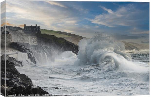 The Fierce Beauty of Porthleven Winter Storm Canvas Print by kathy white