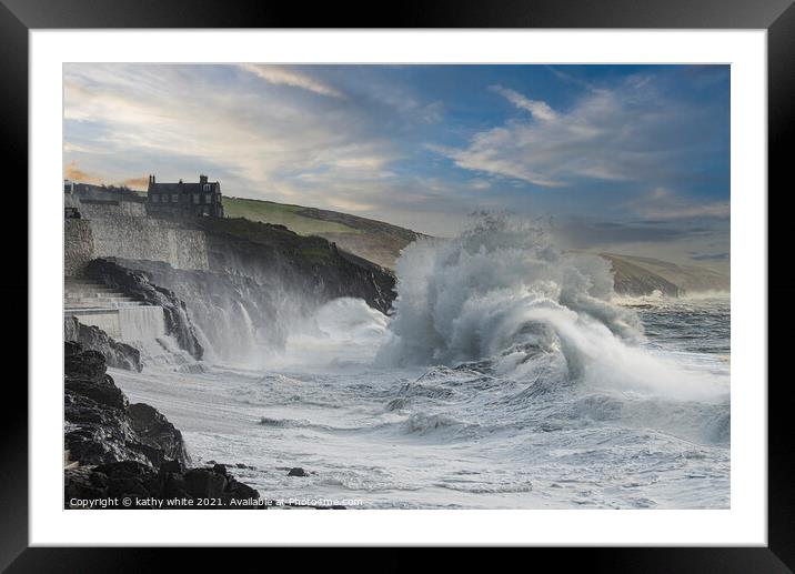 The Fierce Beauty of Porthleven Winter Storm Framed Mounted Print by kathy white