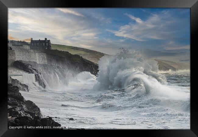 The Fierce Beauty of Porthleven Winter Storm Framed Print by kathy white