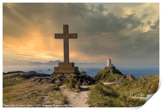 St Dwynwen’s Cross and Tyr Mawr lighthouse at sunset,  Print by Kevin Hellon
