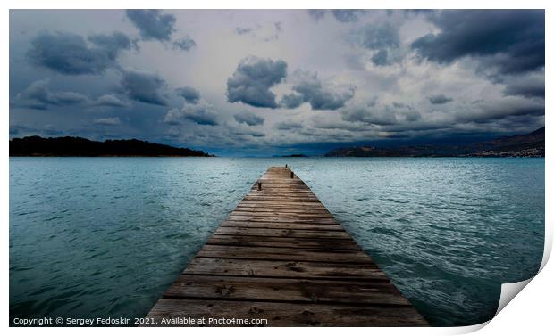 Wooden pier on the Adriatic sea. Stormy weather. Print by Sergey Fedoskin
