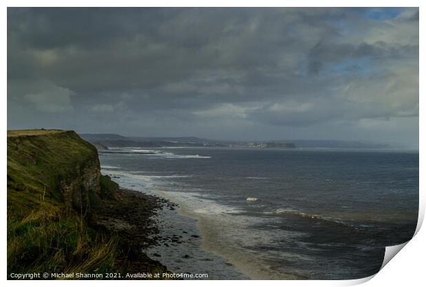 View north from the cliffs near Filey Brigg Print by Michael Shannon